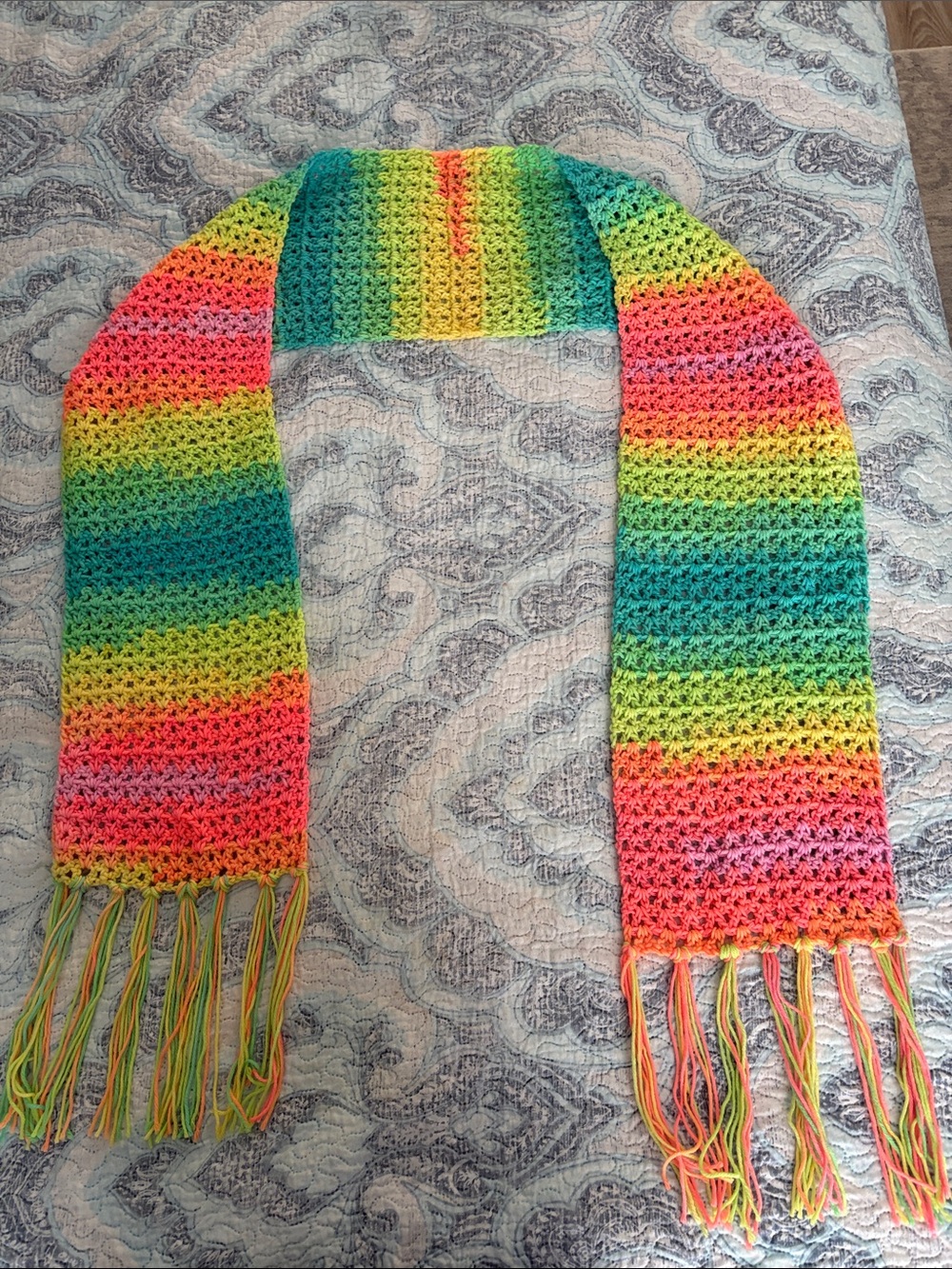 Hand Crafted Multicolor Crochet Rainbow Scarf with Fringe